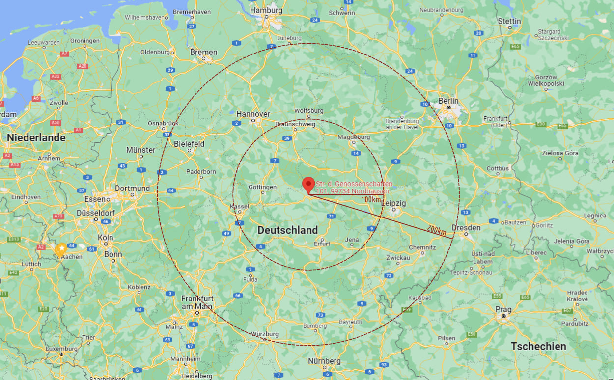 Karte mit Radius um Zeit.areal Nordhausen